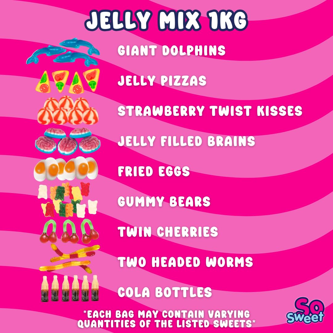 SoSweet Jelly Sweet Mix – 1kg Bulk Bag of Chewy Jelly Sweets | Party Pick & Mix, Sharing Treats, Gummy Bears, Cola Bottles, Twin Cherries