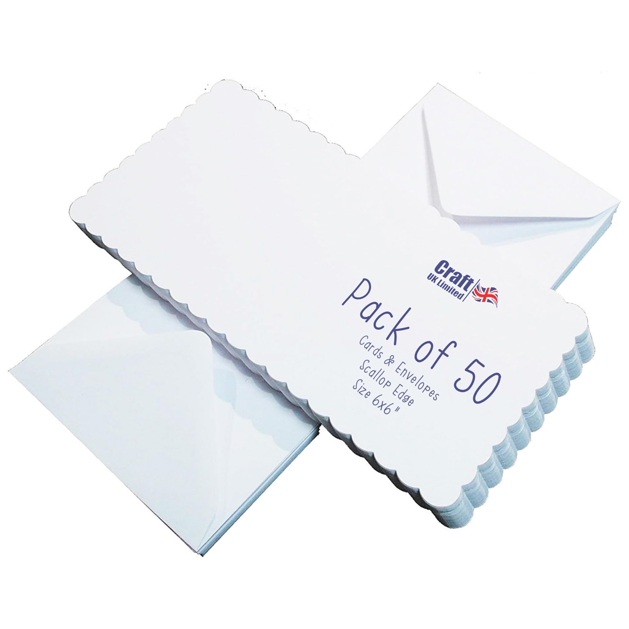 Craft UK Limited White Scalloped Cards & Envelopes - 50 Pack | 6 x 6 Inch | Paper