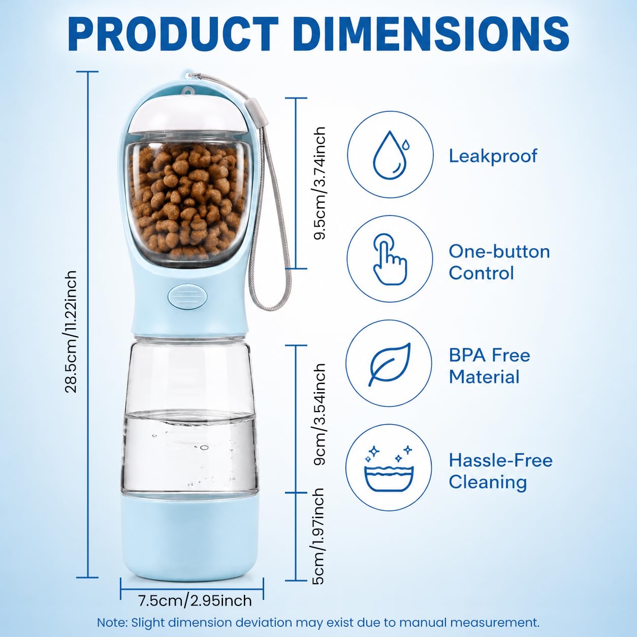 Admygo 4-in-1 Portable Dog Water Bottle - Blue | Leak Proof | Food Container