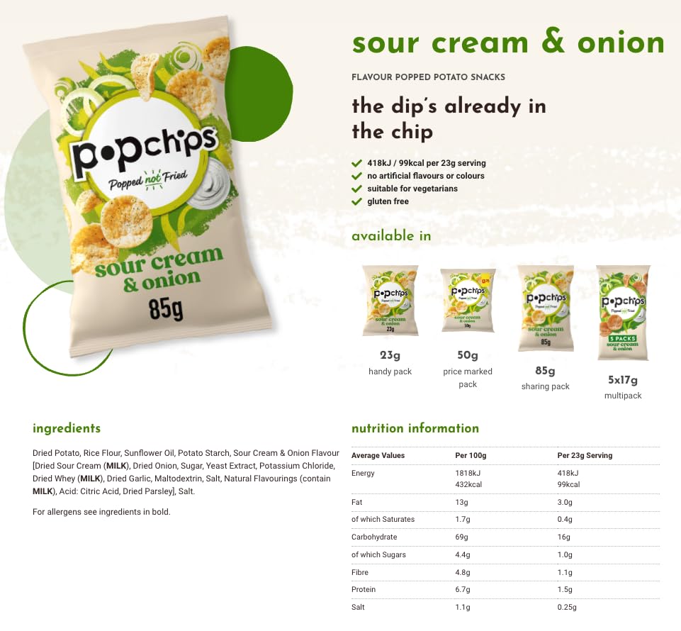 Popchips Sour Cream and Onion Popped Potato Chips Multipack | 8 x 85g Bags 3