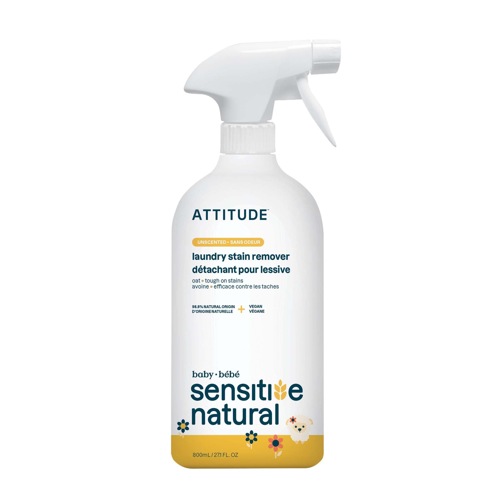 ATTITUDE Laundry Stain Remover for Baby Clothes - Plant-Based, Unscented, 800 ml