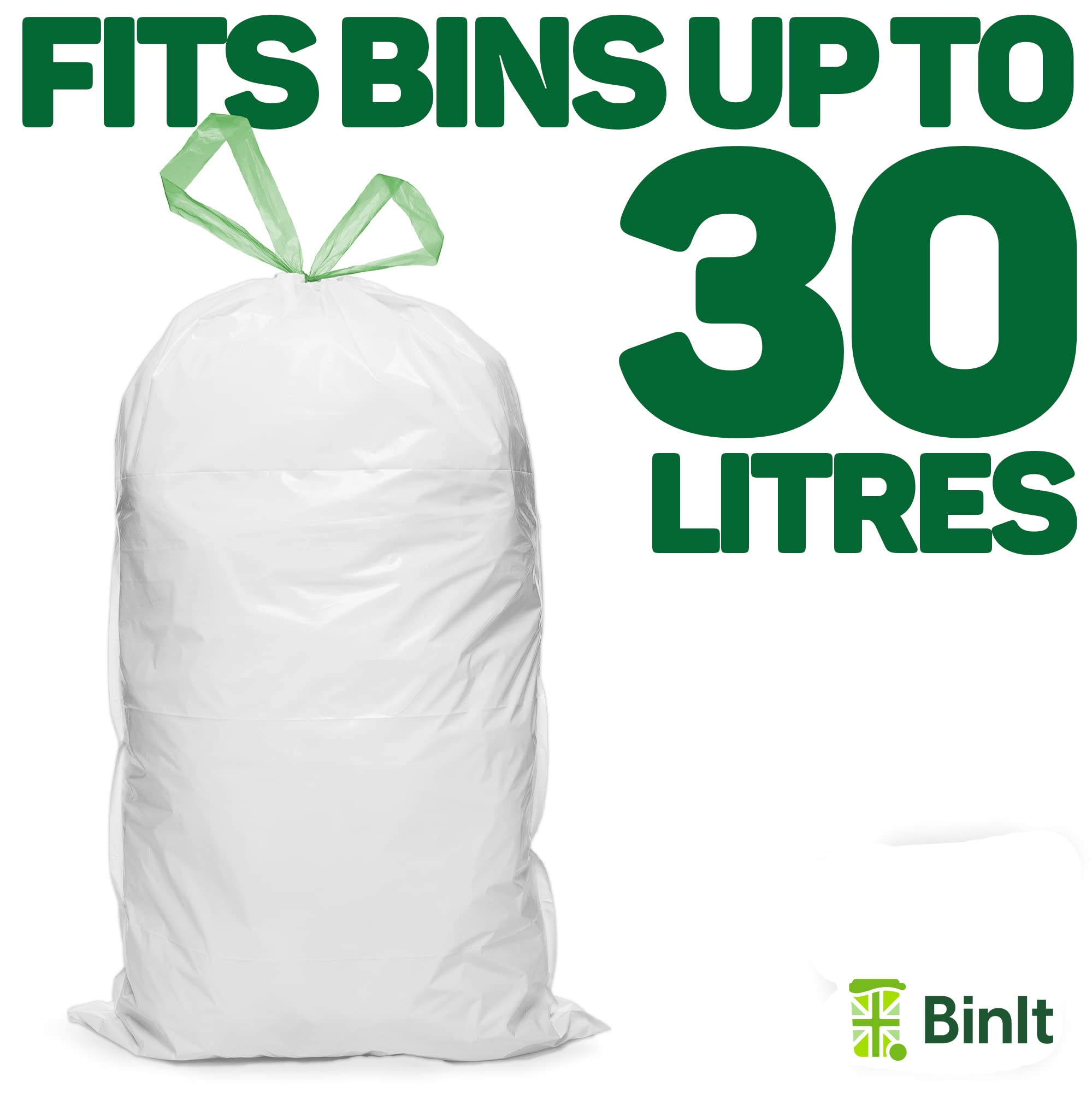 BIN IT 40 Count 30L Drawstring Bin Liners - Strong, Secure, Unscented White Bags