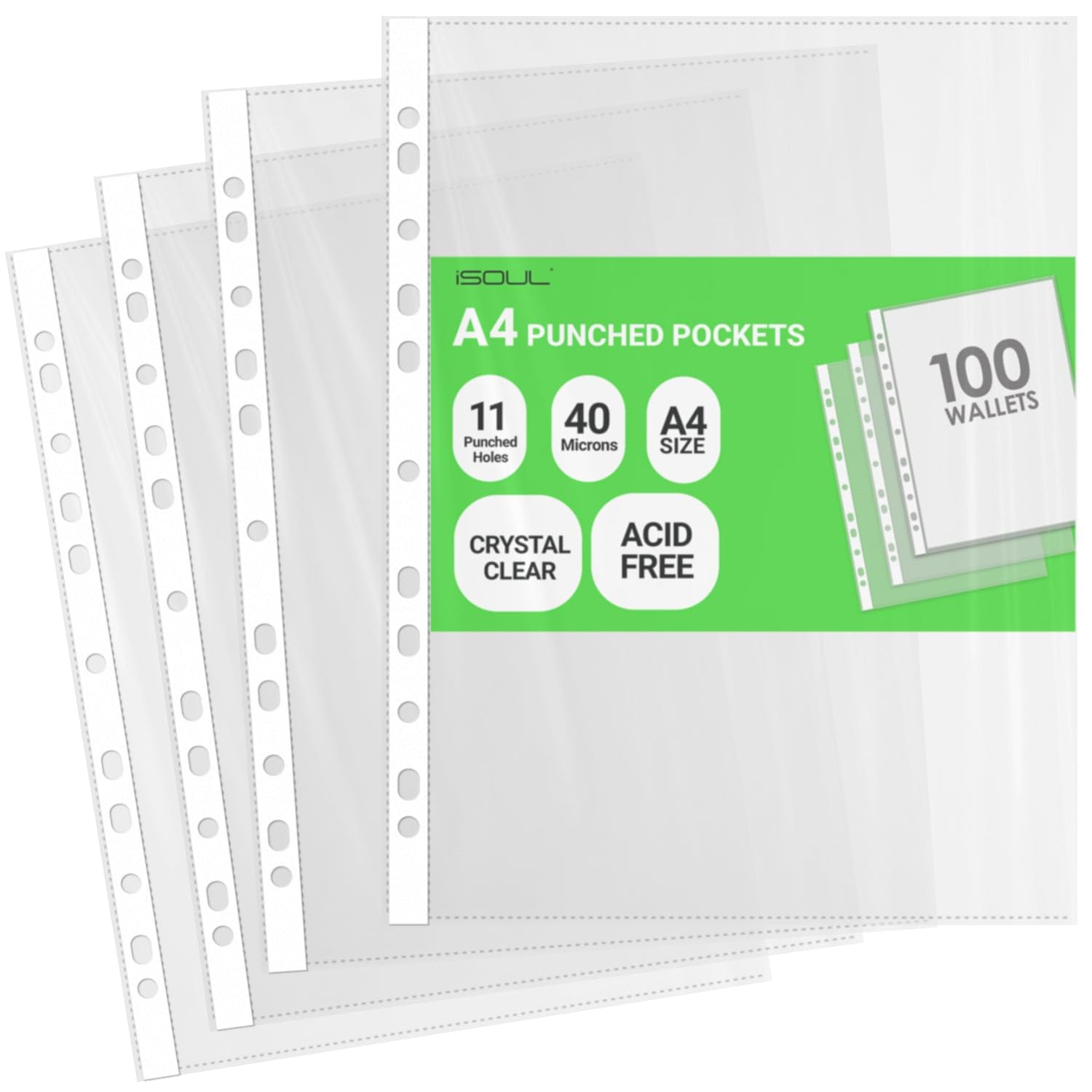 iSOUL A4 Plastic File Pockets - 100 Pack Heavy Duty 40 Micron with 11 Reinforced Holes | Crystal Clear