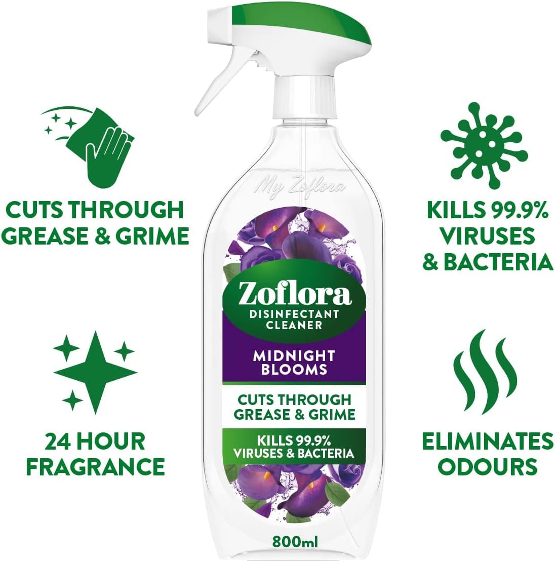 Zoflora Midnight Blooms Multipurpose Cleaner Trigger Spray - Kills 99.9% of Viruses & Bacteria | Cuts Through Grease & Grime | 800ml
