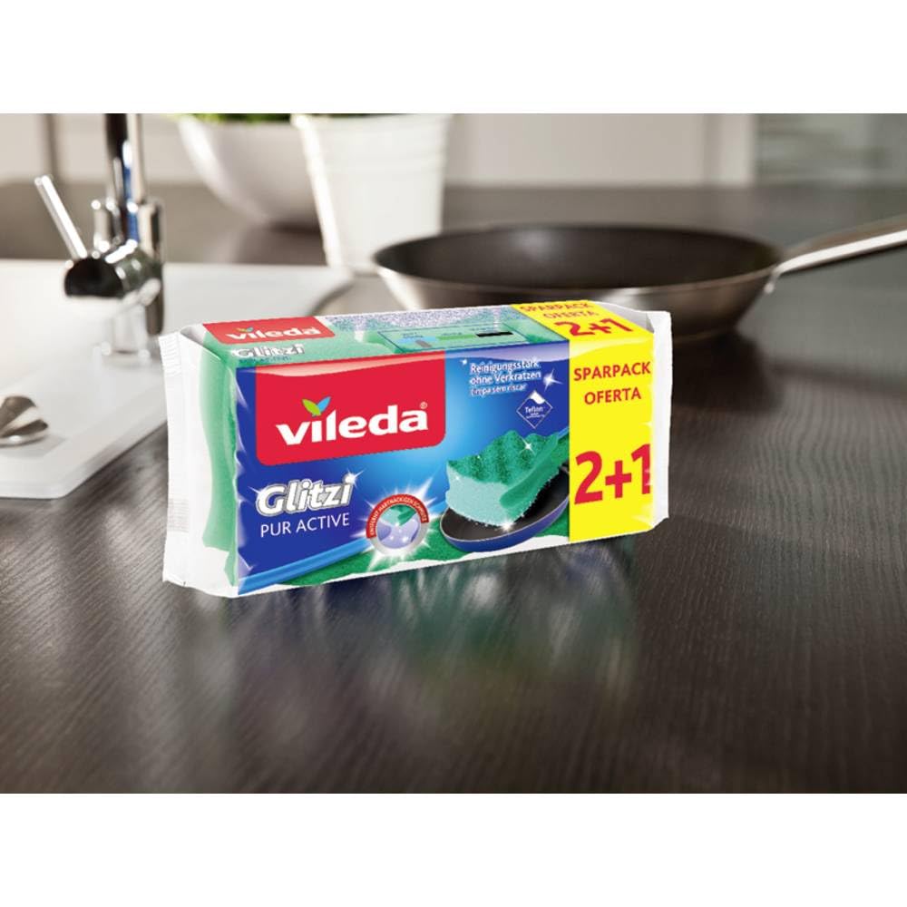 Vileda Glitzi PUR Active Pots and Dishes Cleaner - Patented Non-Scratch Surface | 3 Count | Green