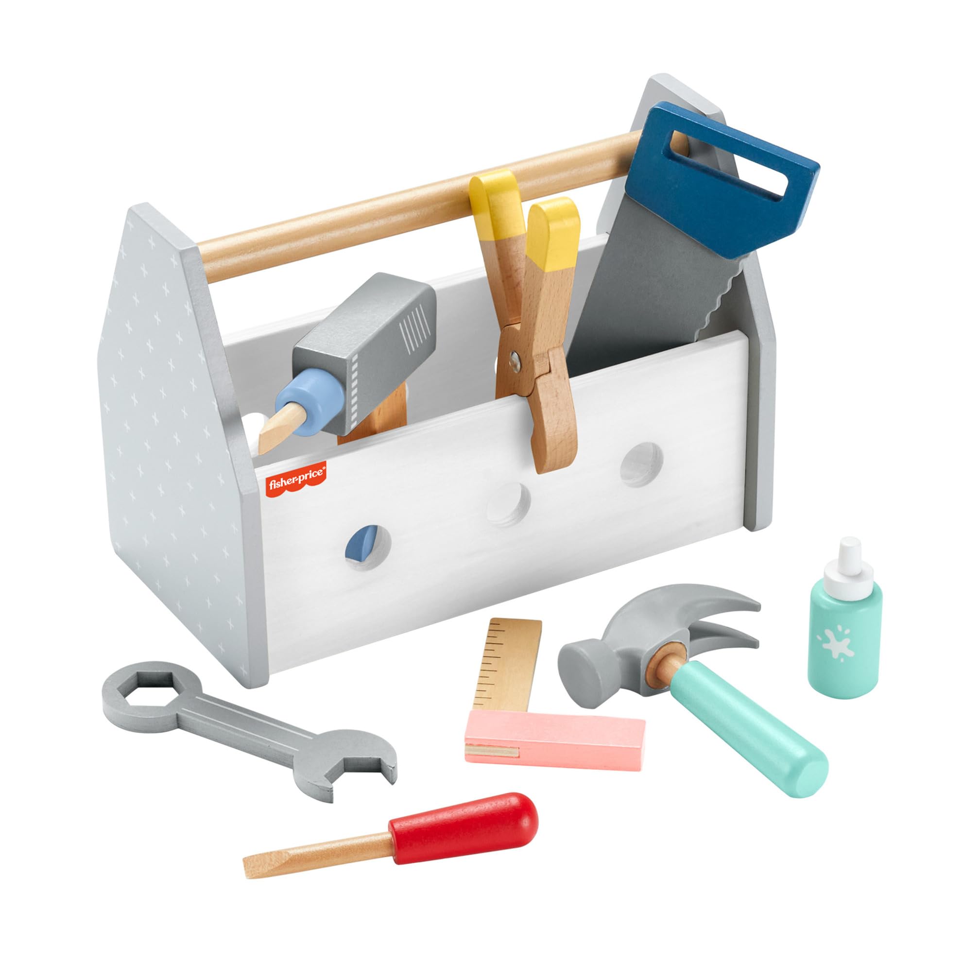 Fisher-Price Wood Pretend Play Toy Tool Box with Drill, 9-Piece Wooden Set | Ages 3+