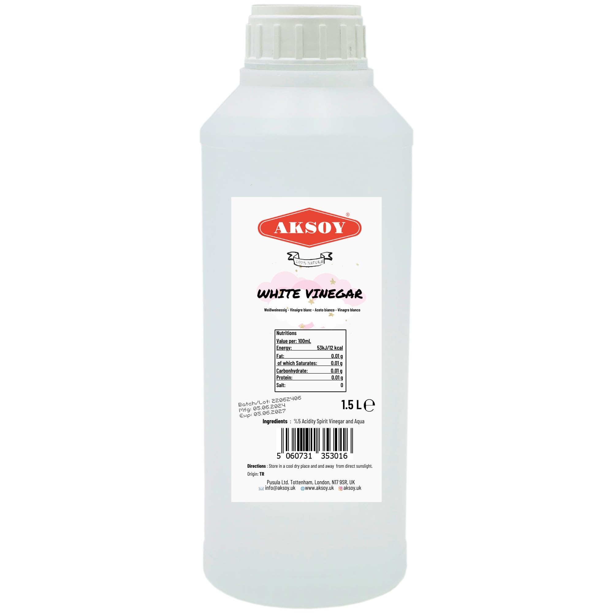 Aksoy Distilled White Spirit Vinegar 1.5L - Ideal for Cooking, Pickling & Natural Cleaning 1