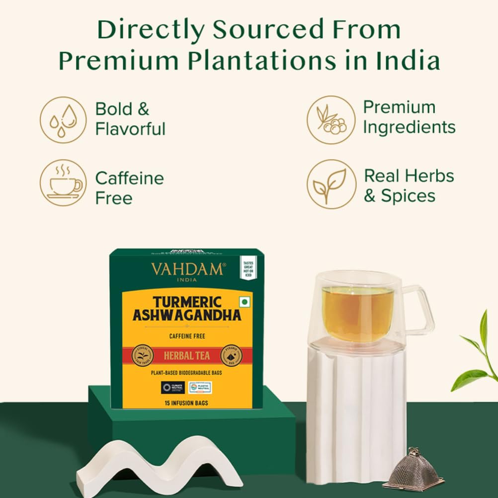 VAHDAM - Turmeric Ashwagandha Herbal Tea Bags (15 Count) 100% Pure Herbal Blend 5