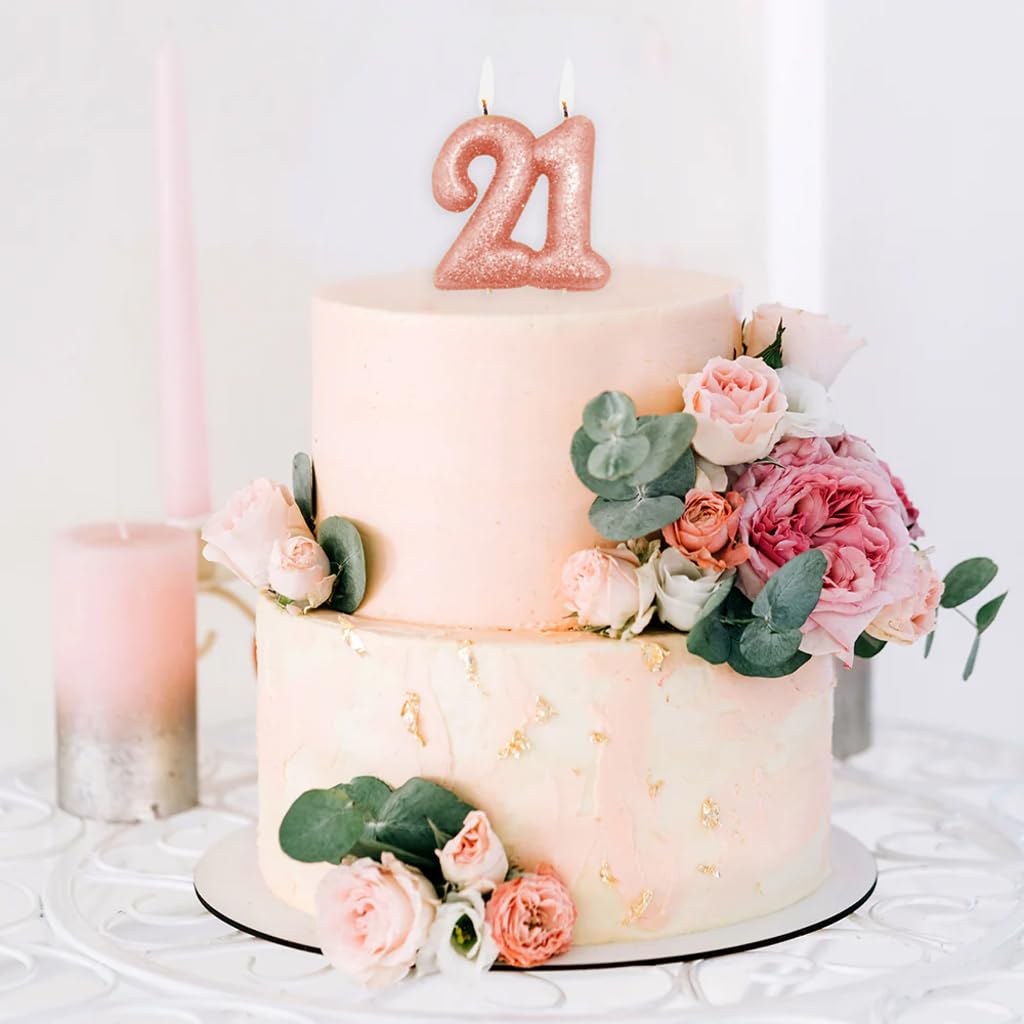 Anniversary House 21st Birthday Candle - Rose Gold Glitter Number 21 Cake Topper 4