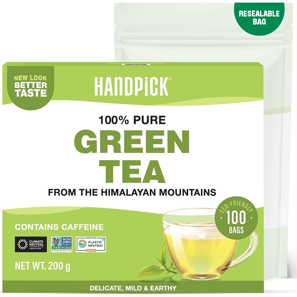 HANDPICK Green Tea Bags - 100 Count | Gluten Free & 100% Pure Green Tea | Round Teabags 1