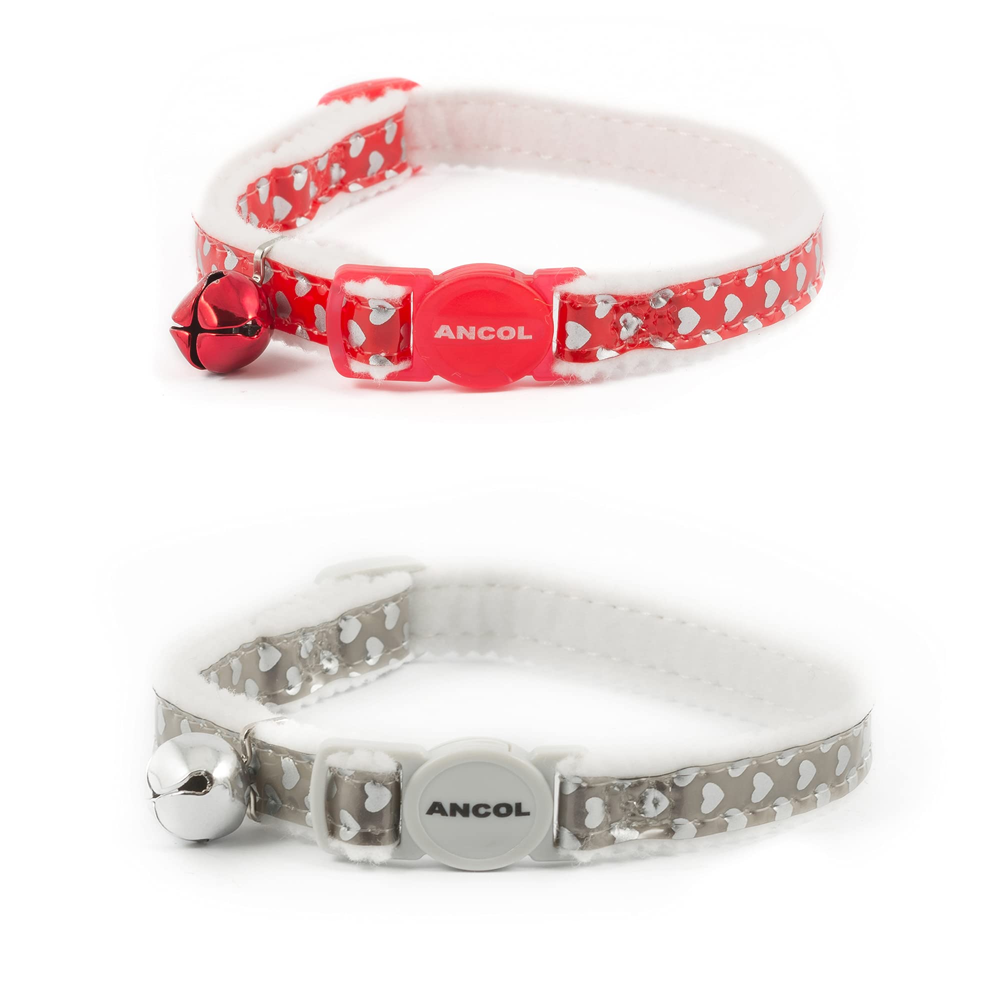 Ancol Reflective Gloss Hearts Safety Cat Collar - Silver | Break-away Buckle | Warning Bell