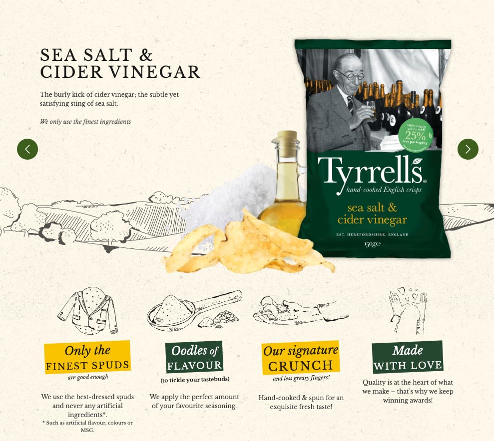 Tyrrells Sea Salt & Cider Vinegar Hand-Cooked Crisps 150g 2