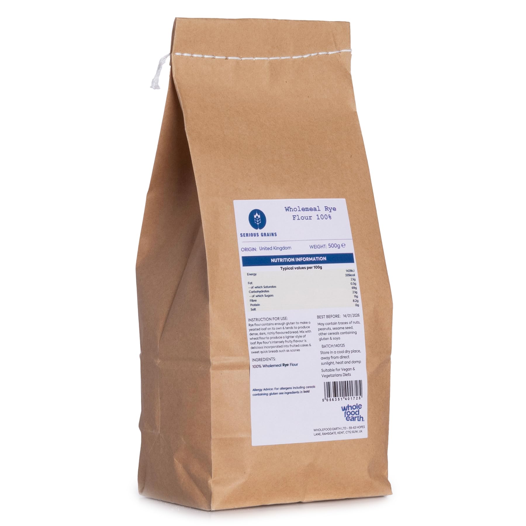 Wholefood Earth 100% Wholemeal Rye Flour Stoneground 500g 1