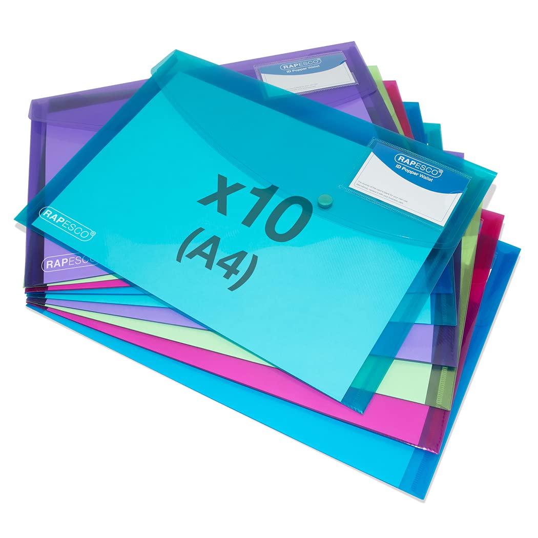 RAPESCO 1681 A4 ID Popper Wallets - Assorted Bright Transparent Colours, Pack of 10