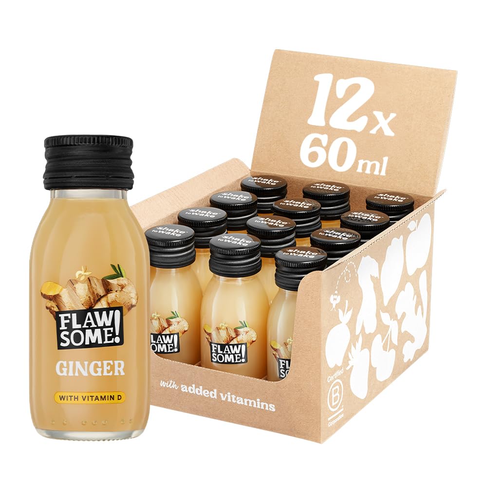 Flawsome Vitamin D Ginger Shots - Immunity Kick | 12 x 60ml Shots | No Added Sugar, Vegan
