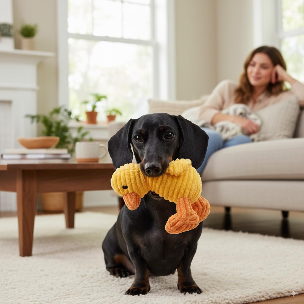 Zappi Co Yellow Duck Plush Dog Toy - Squeaker, Corduroy, Small