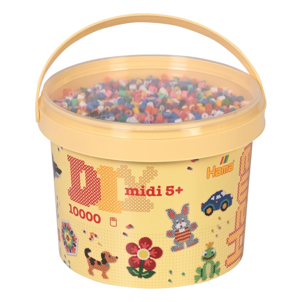 Hama Midi Beads Bucket - 10,000 Assorted Colours Fuse Beads Craft Kit with 2 Pegboards & Ironing Paper 1