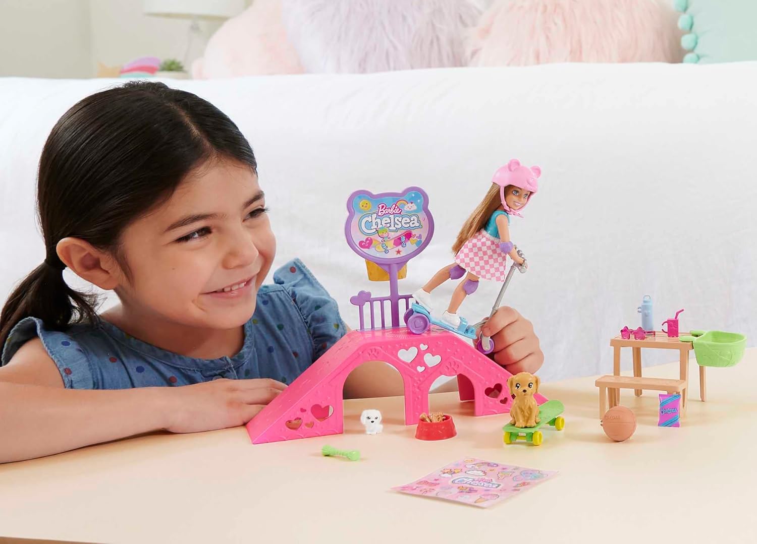 Barbie Chelsea Doll Skatepark Playset with 2 Puppies, Scooter & Skateboard - Ages 3+