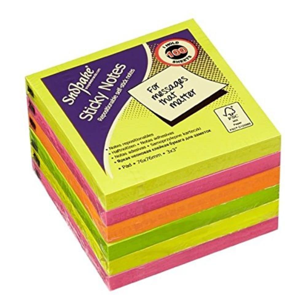 Snopake Neon Assorted Sticky Notes, 100 Sheets per Pad 13527, 76 x 76 mm (P