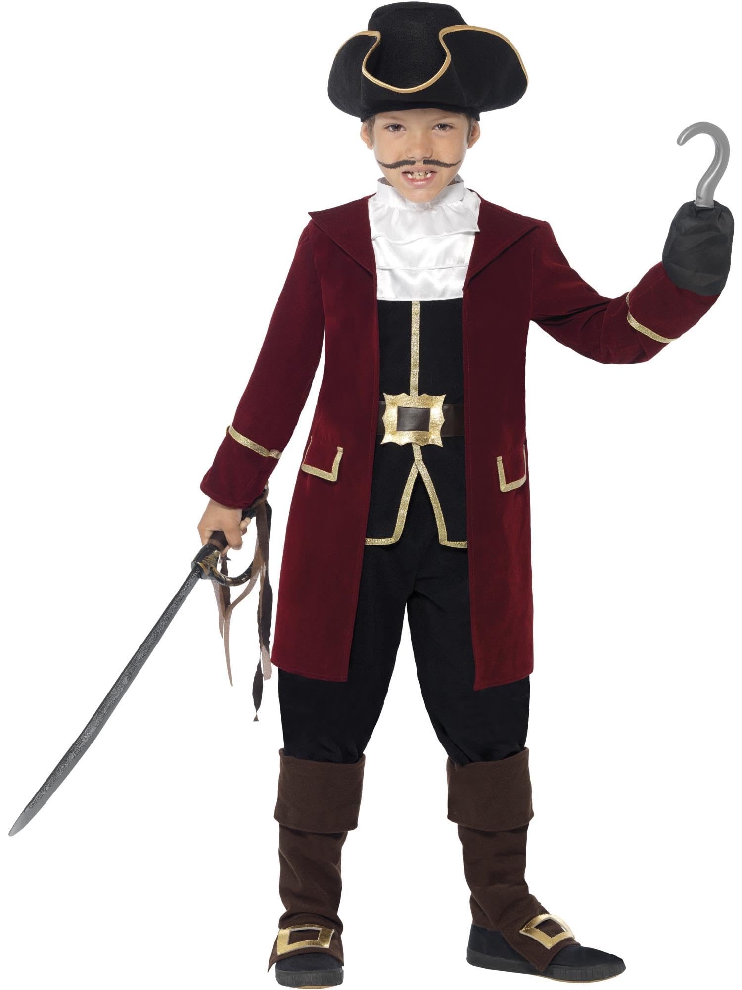 Smiffys Deluxe Pirate Captain Costume - Jacket, Mock Waistcoat, Trousers, Neck Scarf & Hat, Ages 4-6