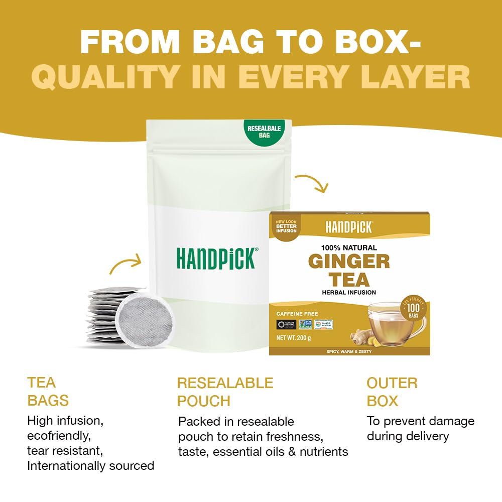 HANDPICK Ginger Tea Bags (100 Count) Non-GMO, Pure Ingredients - Soothing & Spicy Herbal Tea | Eco-conscious Round Tea Bags 6