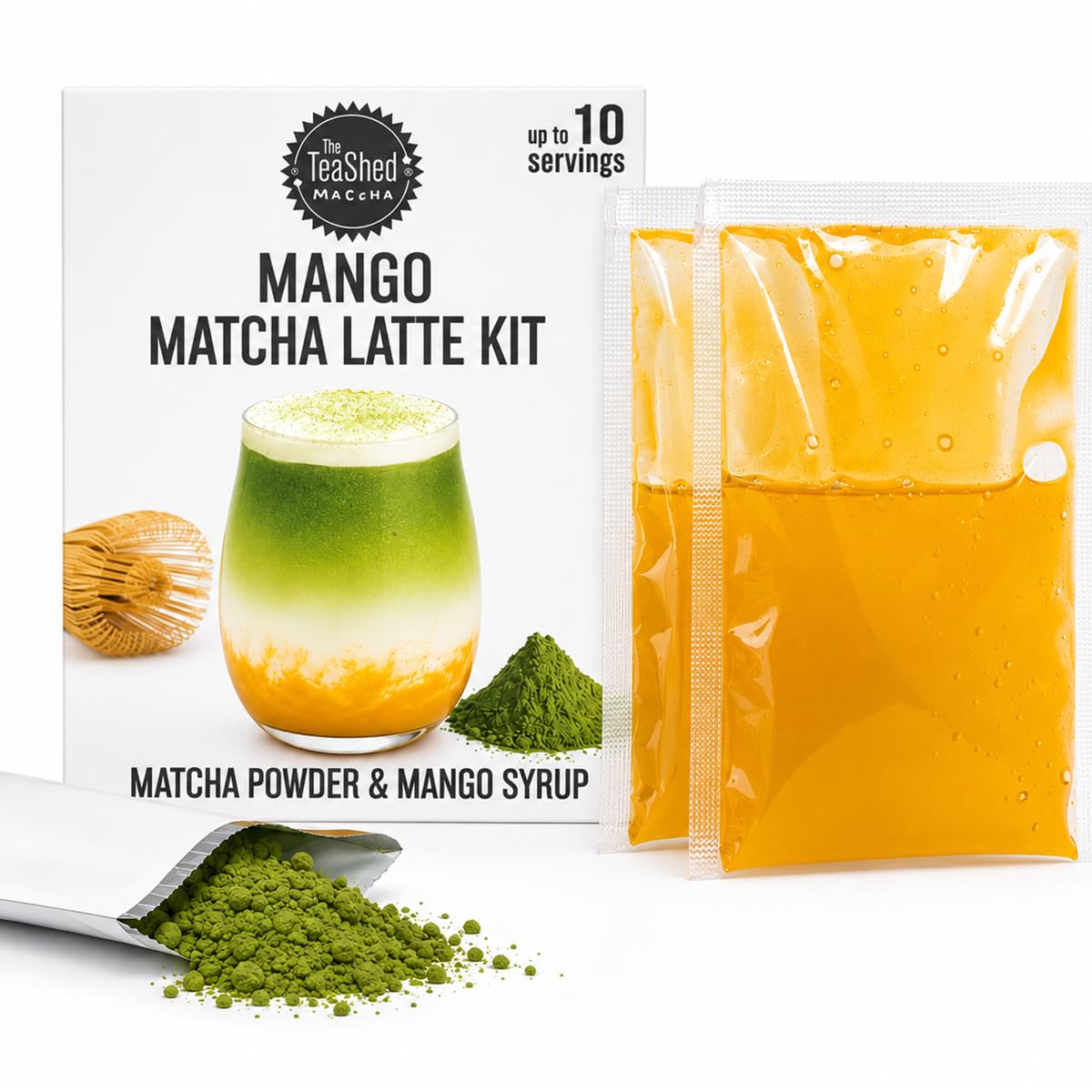 The TeaShed Mango Matcha Latte Kit - Makes 10 Drinks | 10g Matcha Powder, Mango Syrup