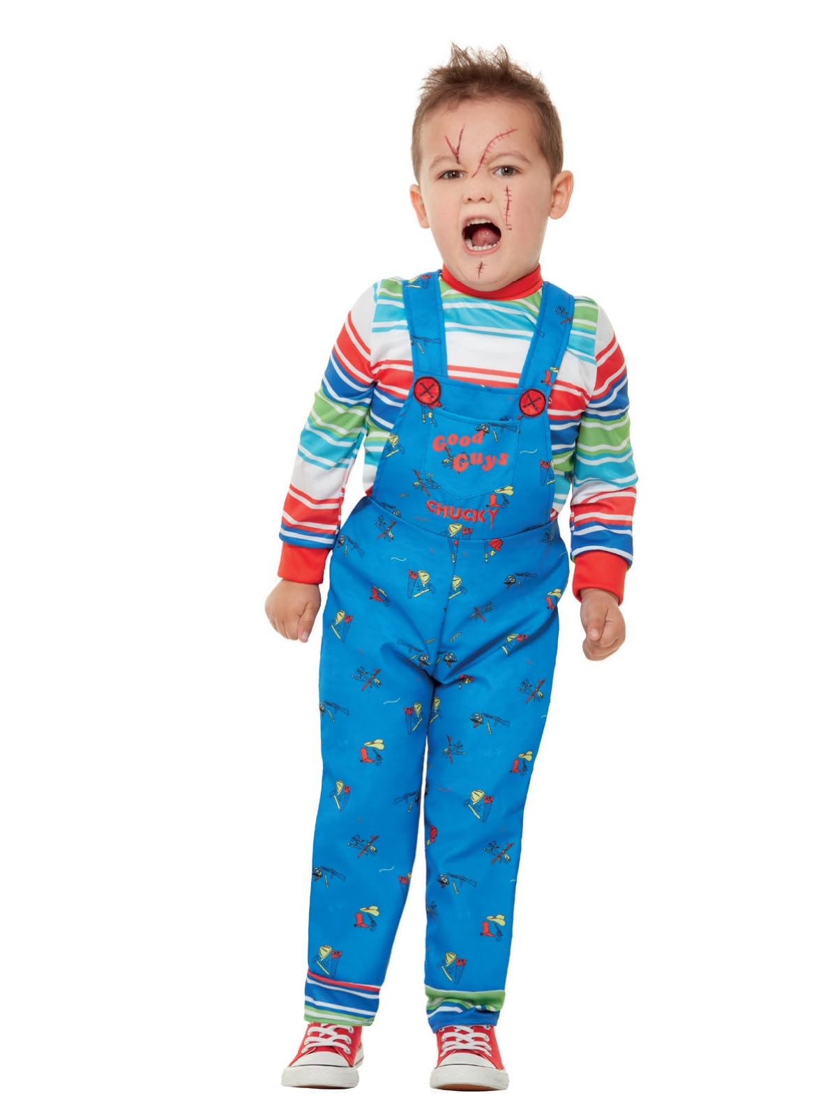 Smiffys Chucky Costume - Kids Blue Striped Top and Printed Dungarees 8