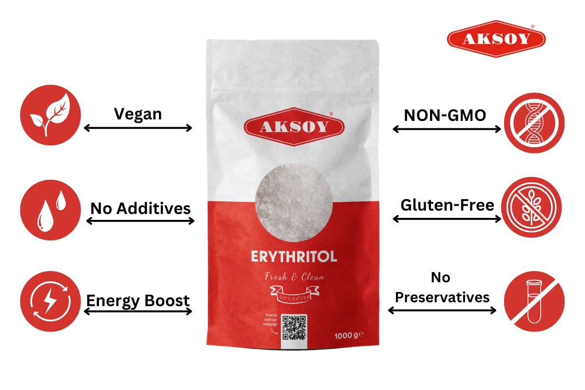 AKSOY Pure Erythritol - 1KG Zero Calorie Sweetener | 100% Natural | Diabetes-Friendly