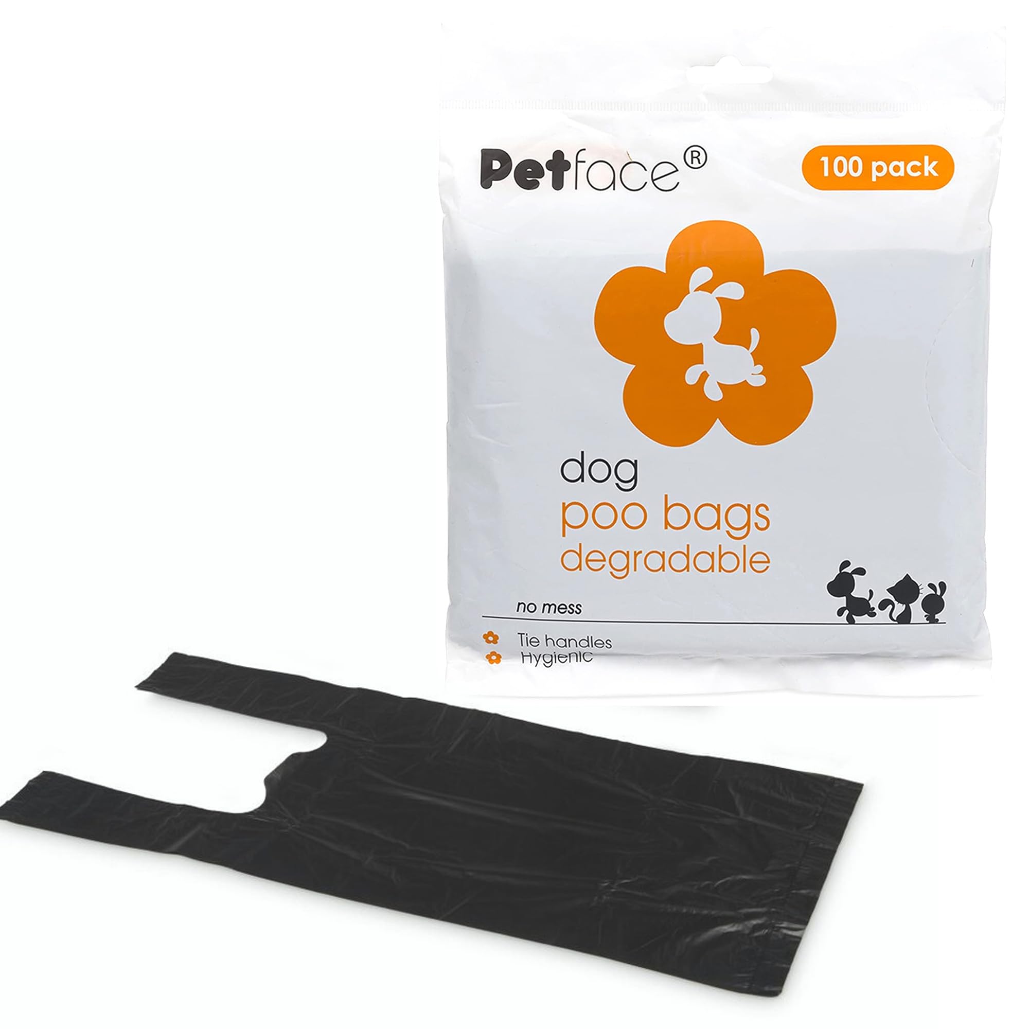 Petface No Mess Degradable Poop Bags with Tie Handles - 100 Count, Heavy Duty Plastic