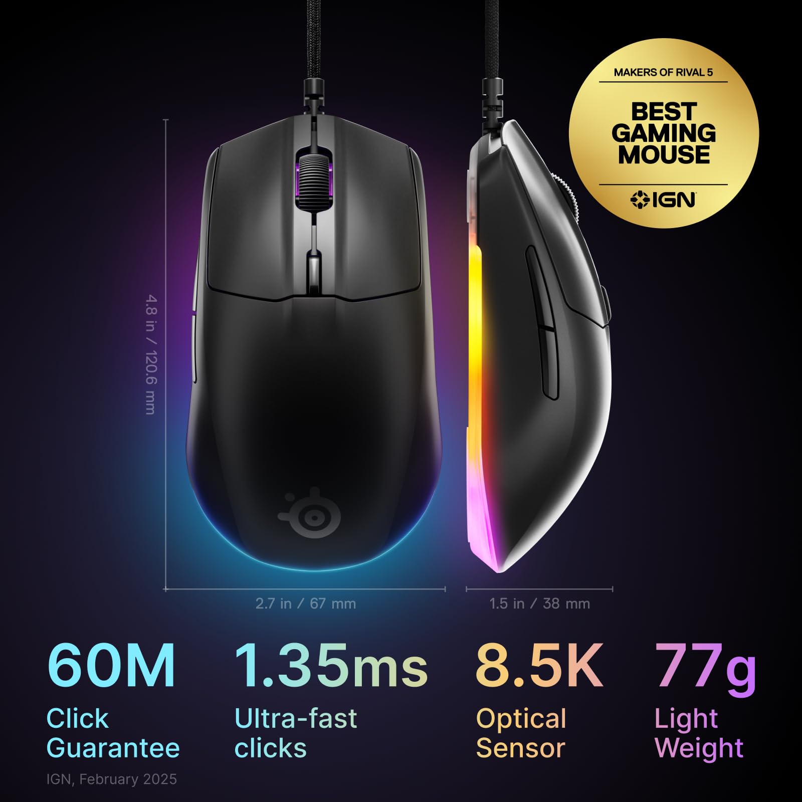 SteelSeries Rival 3 Gen 2 Gaming Mouse - 8500 DPI TrueMove Core Optical Sensor, 1.35ms Click Latency, 60M Clicks, RGB Lighting 5