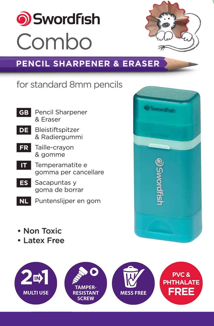 Swordfish Combo Pencil Sharpener & Eraser | Mess-Free Canister | Turquoise