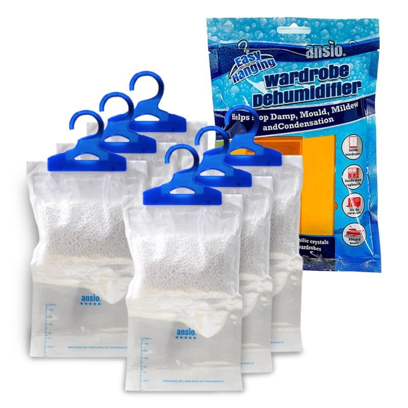 ANSIO Wardrobe Dehumidifier Disposable Hanging Bags - Pack of 6 | Removes Damp & Condensation
