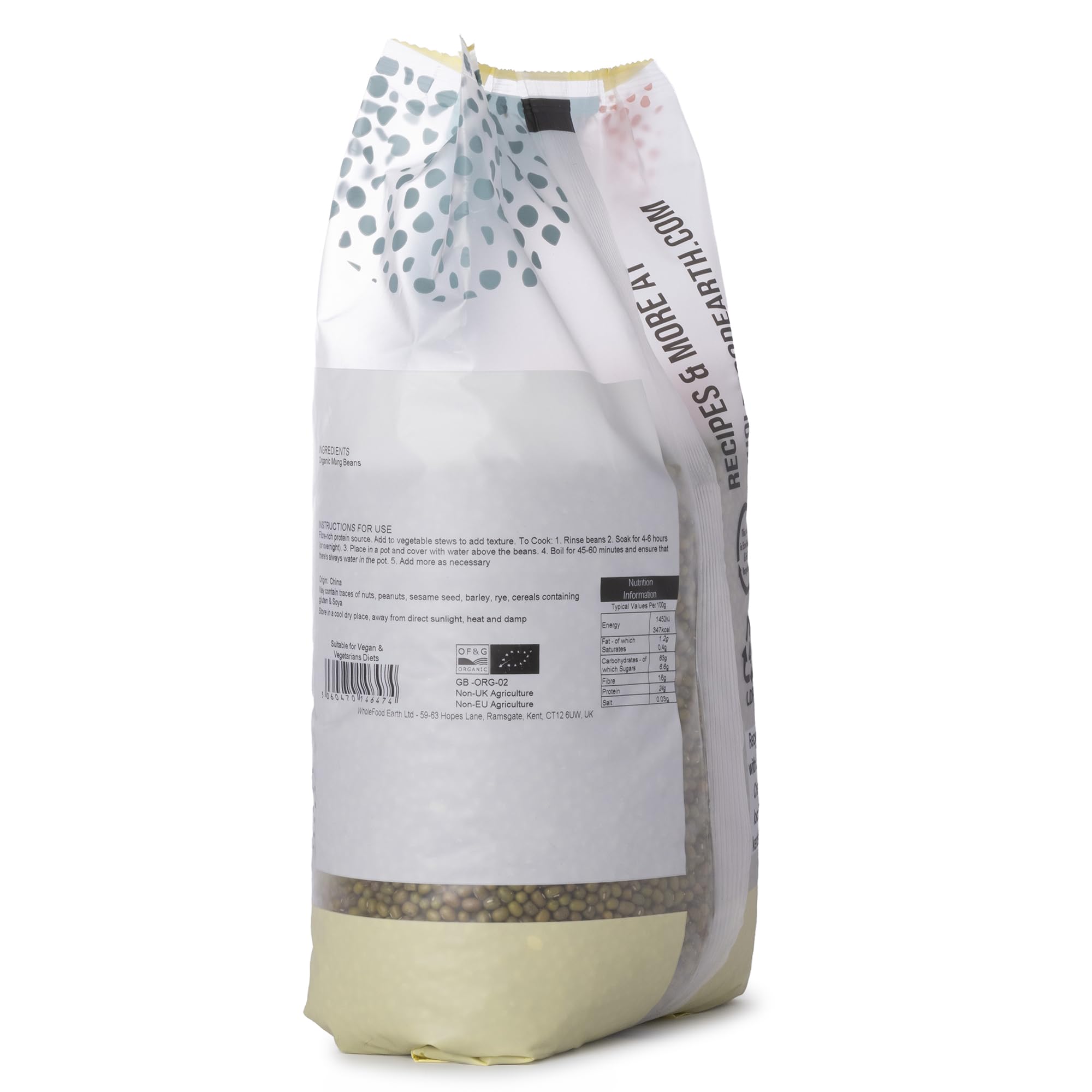 Wholefood Earth Organic Mung Beans 1kg | High Fibre | High Protein | Vegan | GMO Free
