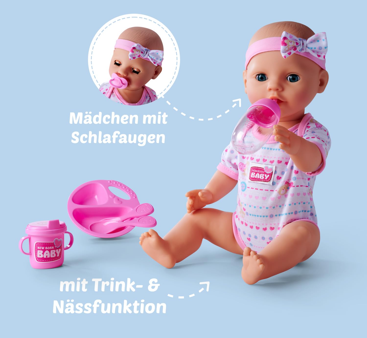 Simba New Born Baby Doll with Drink and Wet Function | 38 cm Vinyl Doll | Ages 3+ 5