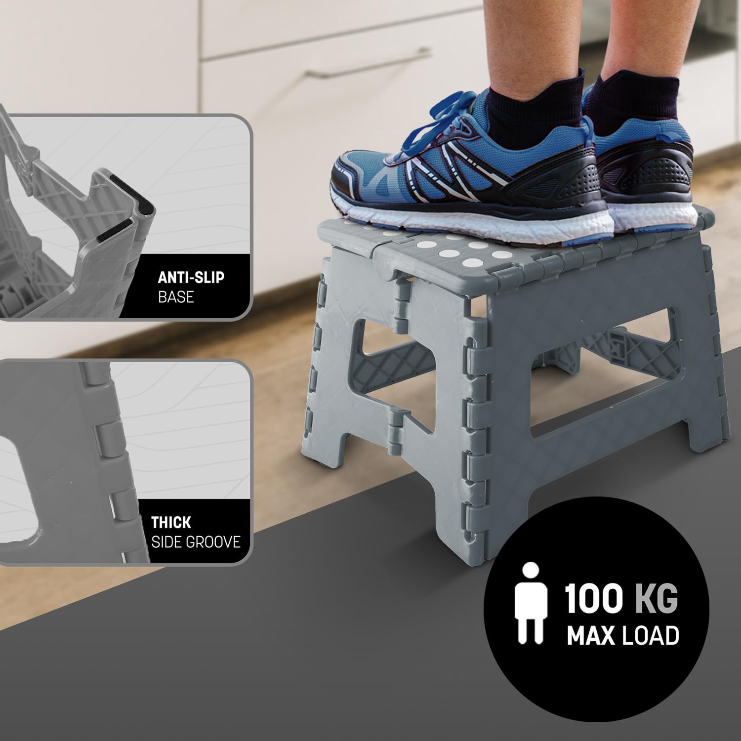 KEPLIN Folding Step Stool - 9 Inch Height | Supports up to 150kg | Grey Plastic 6