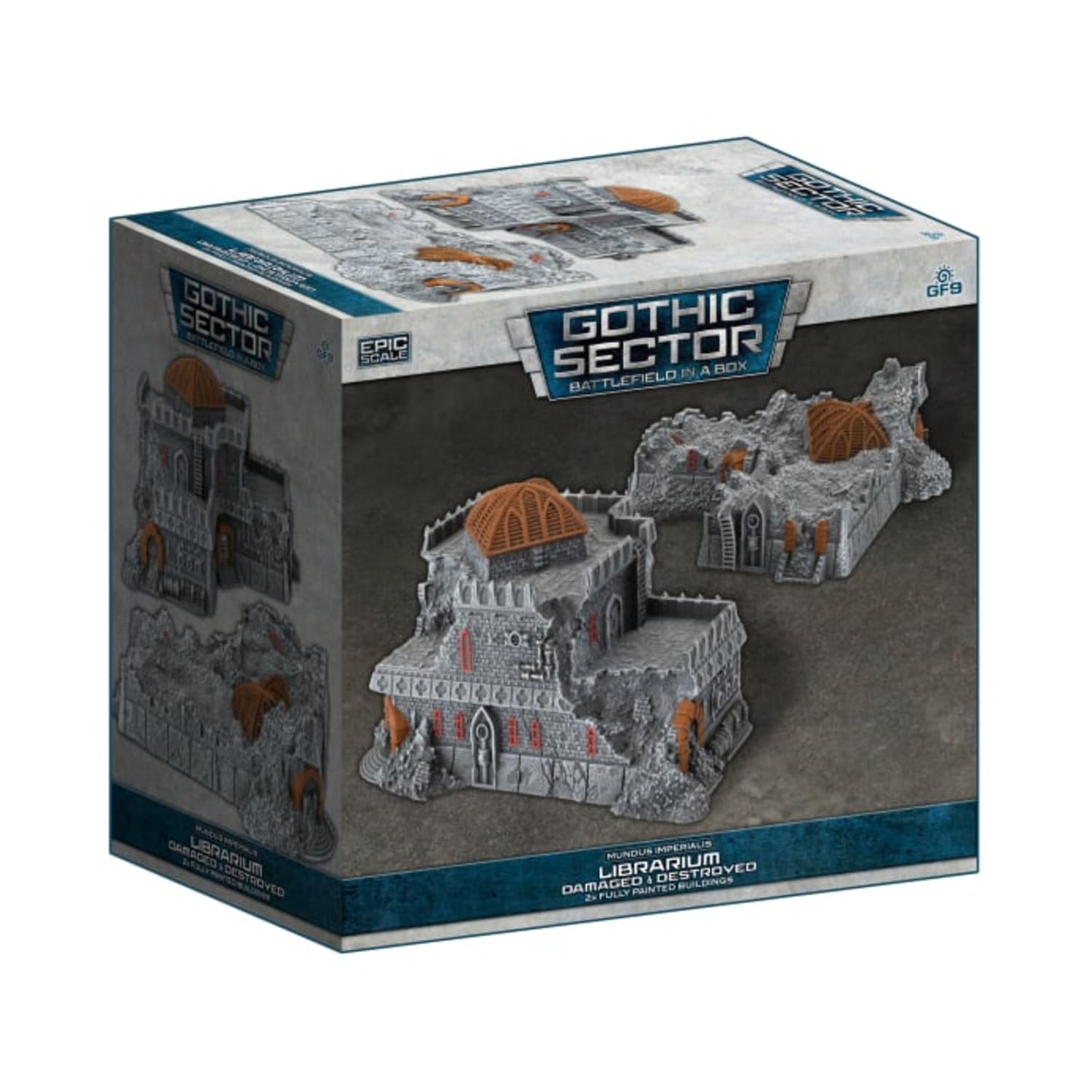 Gale Force Nine Mundus Imperialis Librarium - 2 Painted Damaged & Destroyed Buildings | Resin | Military Green 1