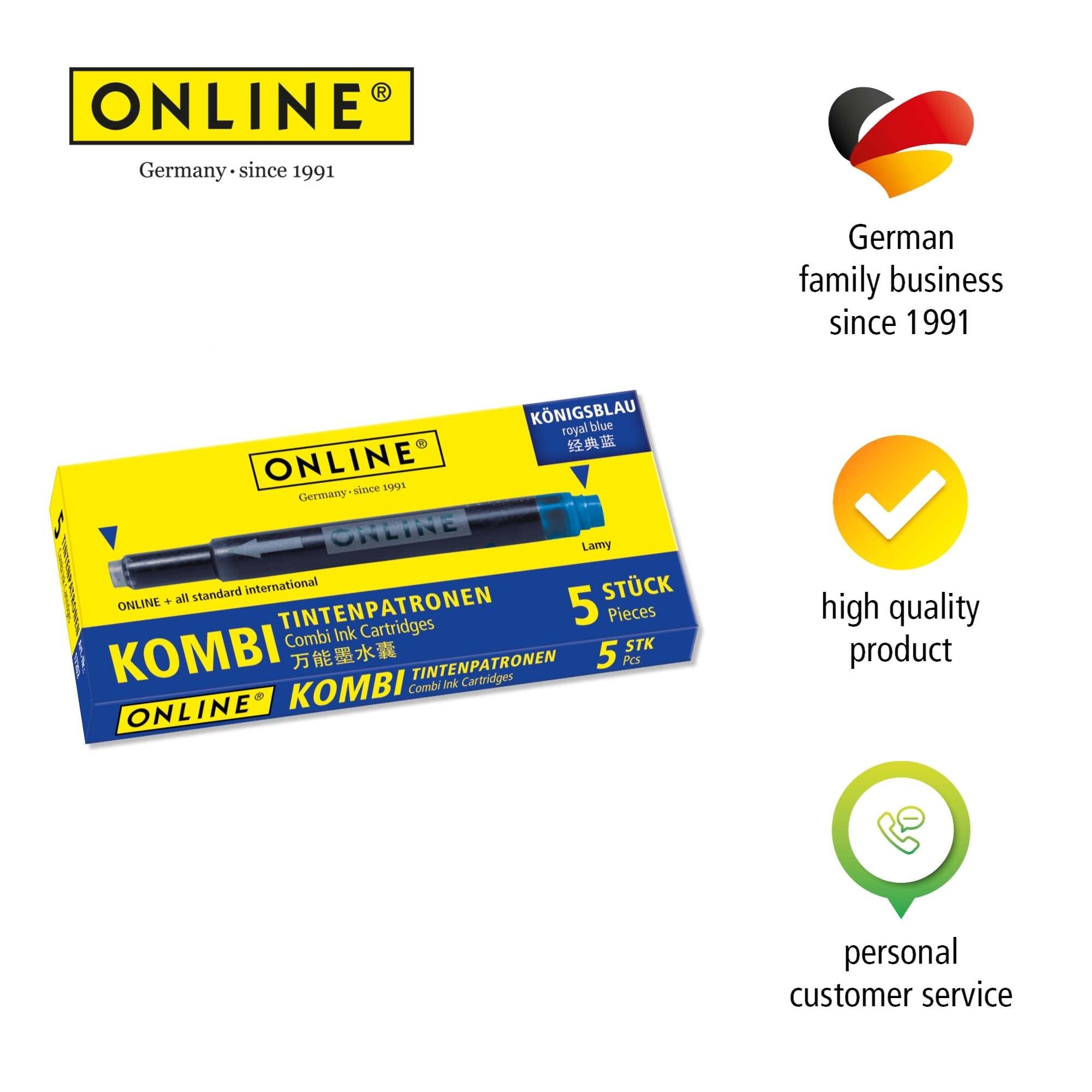 Online Universal Double-Sided Fountain Pen Refills - 5 Pack Royal Blue Ink | Erasable & Washable 7
