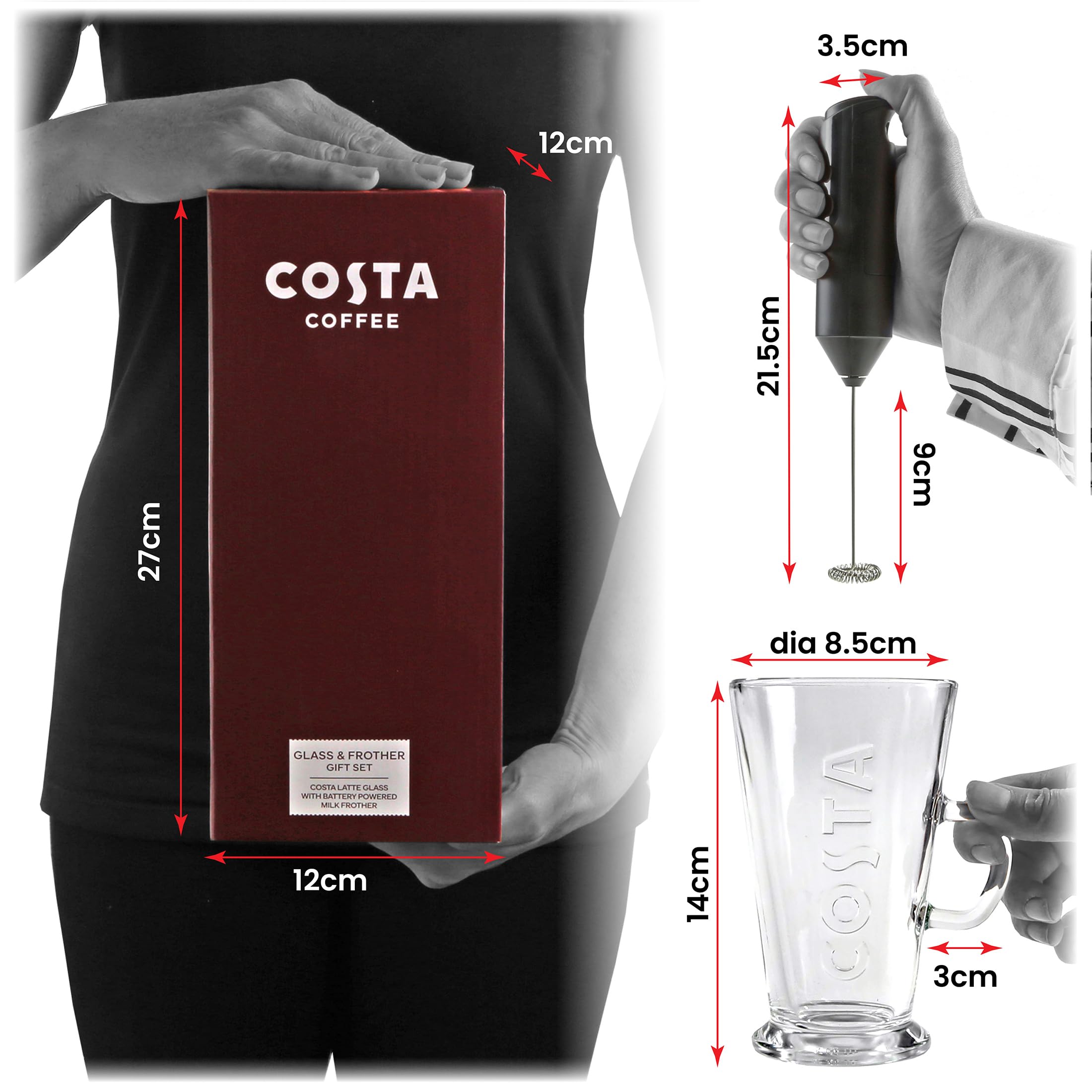 Kimm & Miller Costa Coffee Luxury Gift Set with Latte Glass & Battery-Powered Milk Frother