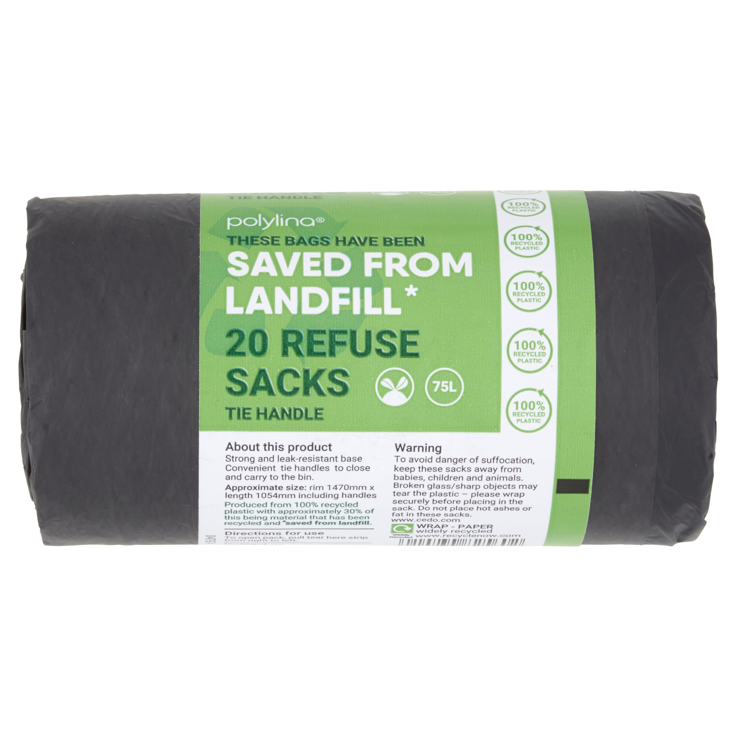 Polylina 75 Litre Tie Handle Black Bin Liners - 20 Pack Recycled Plastic Refuse Sacks 2