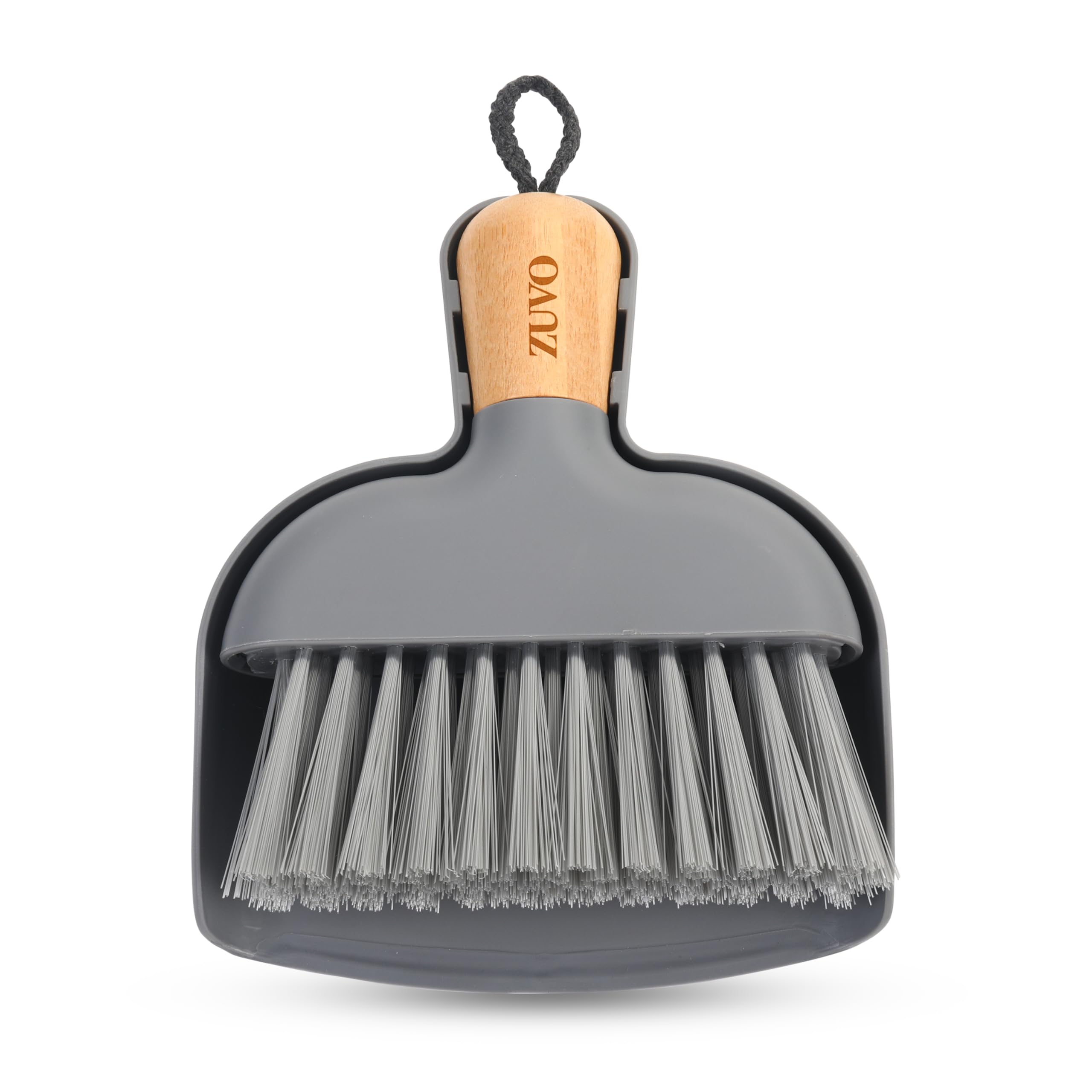 Zuvo Mini Dustpan and Brush Set - Bamboo Handle | Compact Storage Snap-On Design | Grey