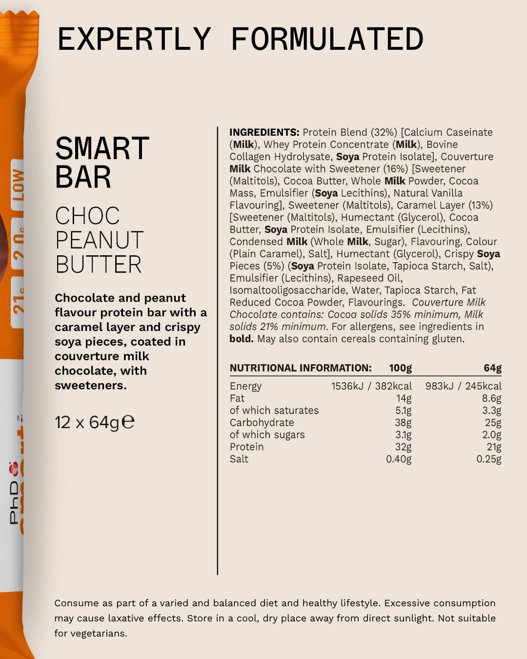 PhD Nutrition Smart Protein Bar Low Sugar High Protein Chocolate Peanut Butter 64g (12 Pack) 12