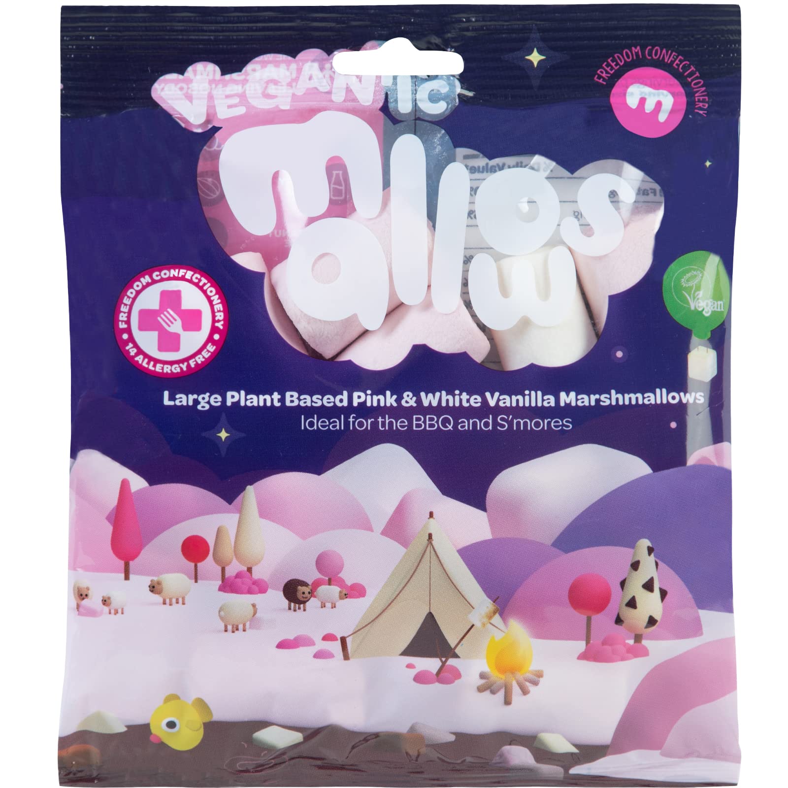 Freedom Confectionery Vegantic Pink & White Vanilla BBQ Mallows 105g Bag 1