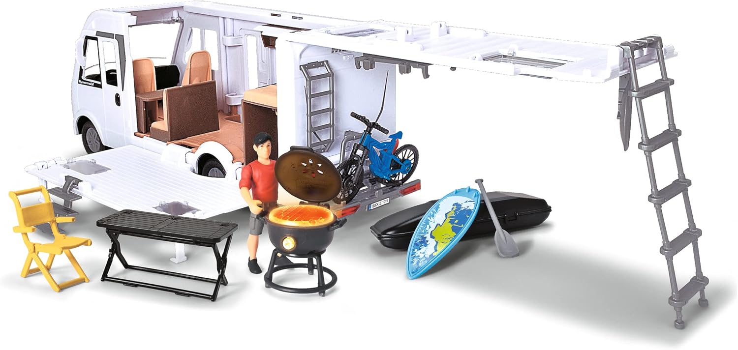 Dickie Toys 203837021 Caravan Playset - 30 cm Folding Camping Trolley with Lights & Accessories (White)