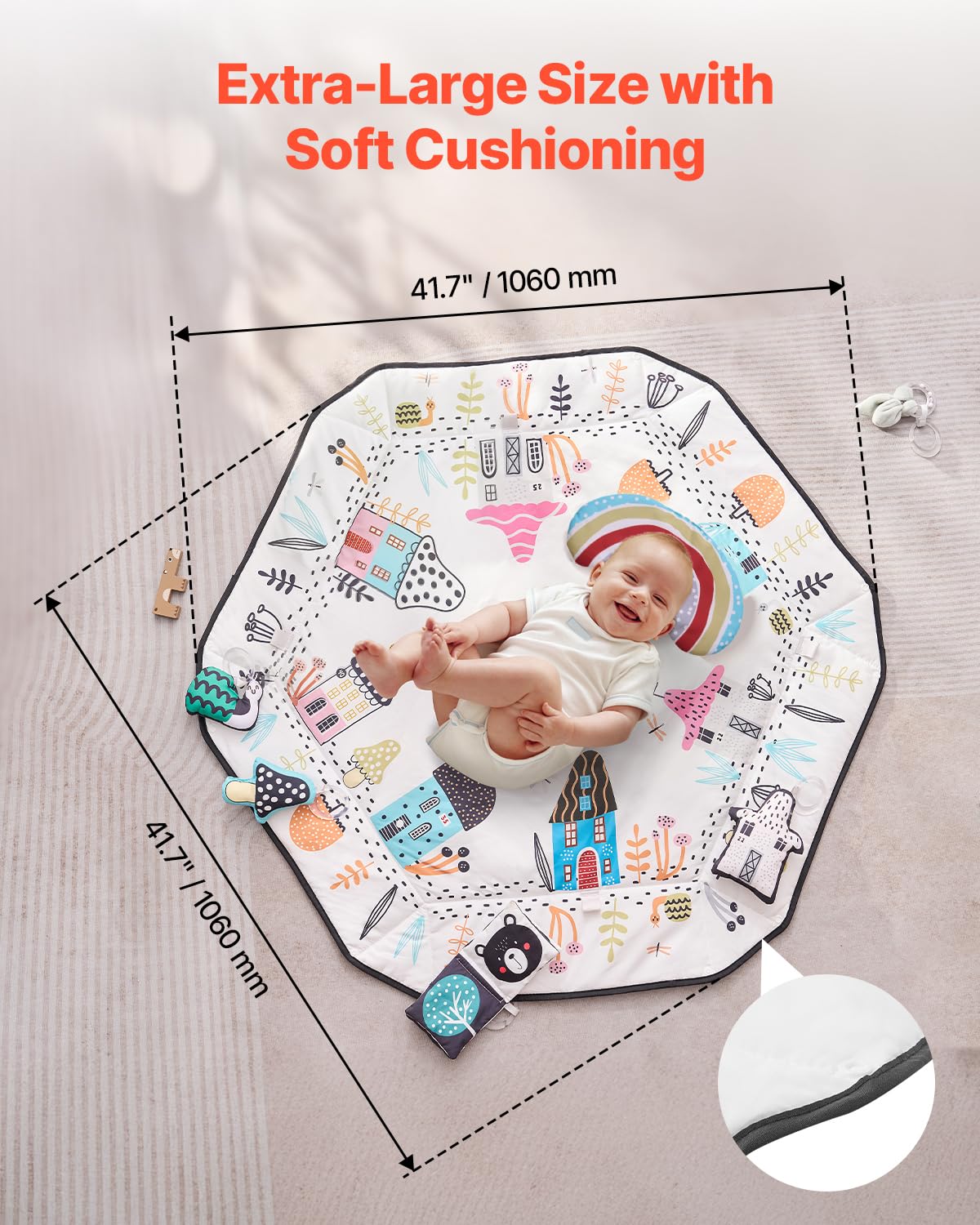 VEVOR Baby Play Gym Mat with 6 Detachable Sensory Toys, 41.7" x 41.7" Tummy Time Mat 4