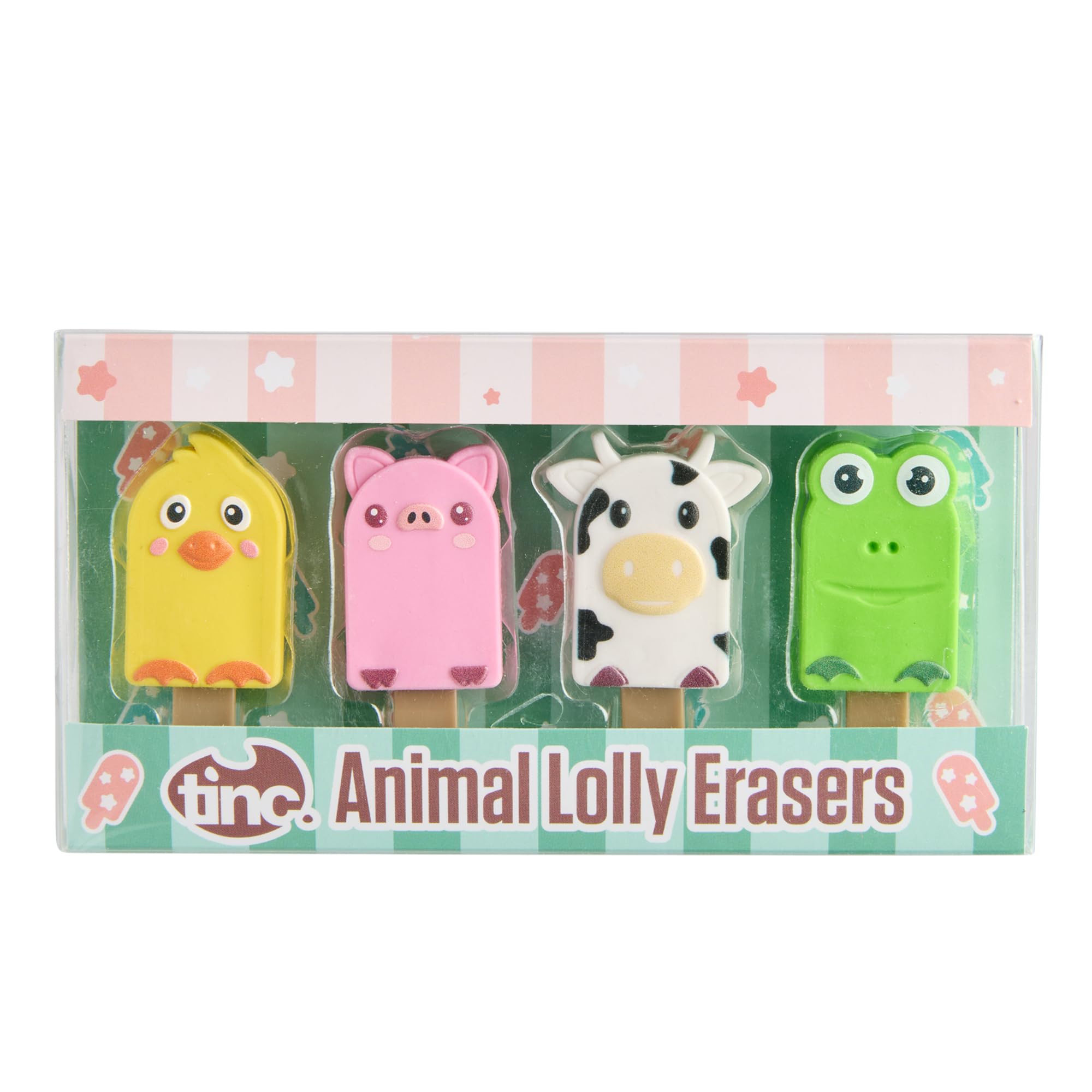 Tinc Animal Lolly Erasers Collection - Chick, Pig, Cow & Frog Pencil Erasers in Display Box 1