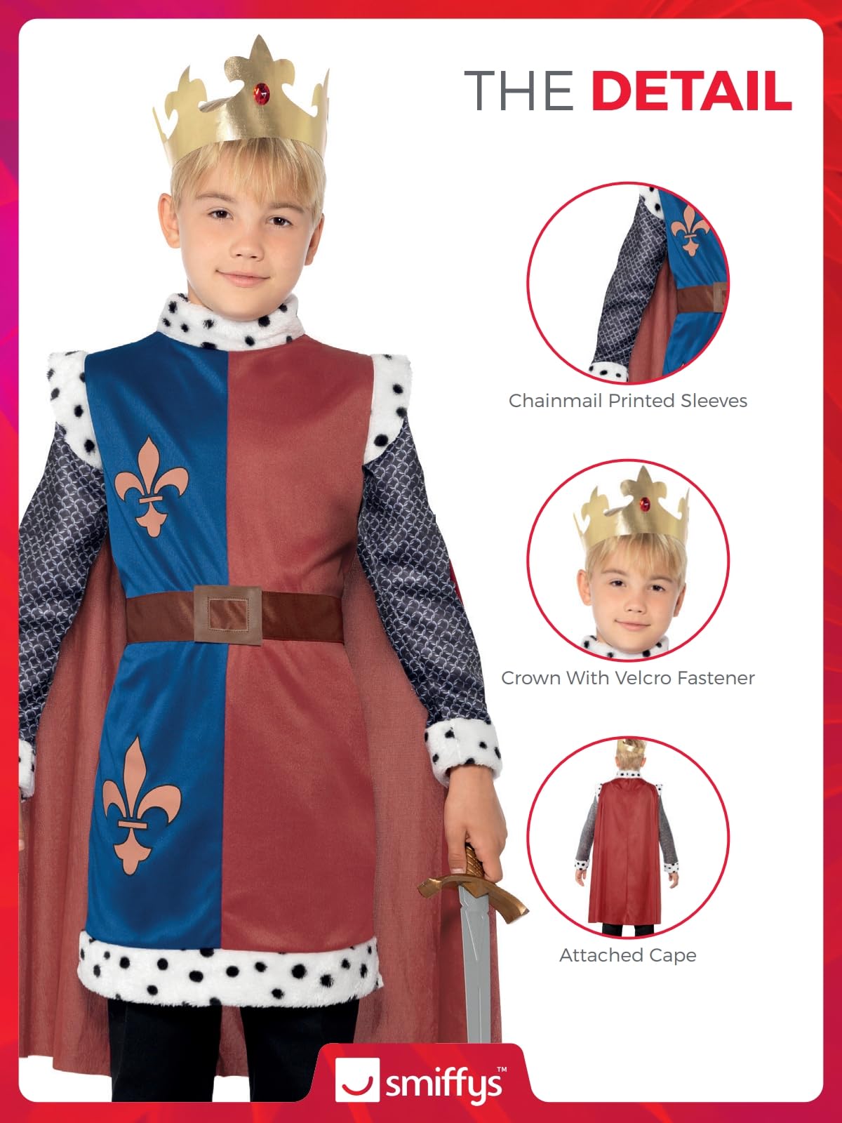 Smiffys King Arthur Medieval Costume - Tunic, Cape & Crown for Boys Ages 4-6 6