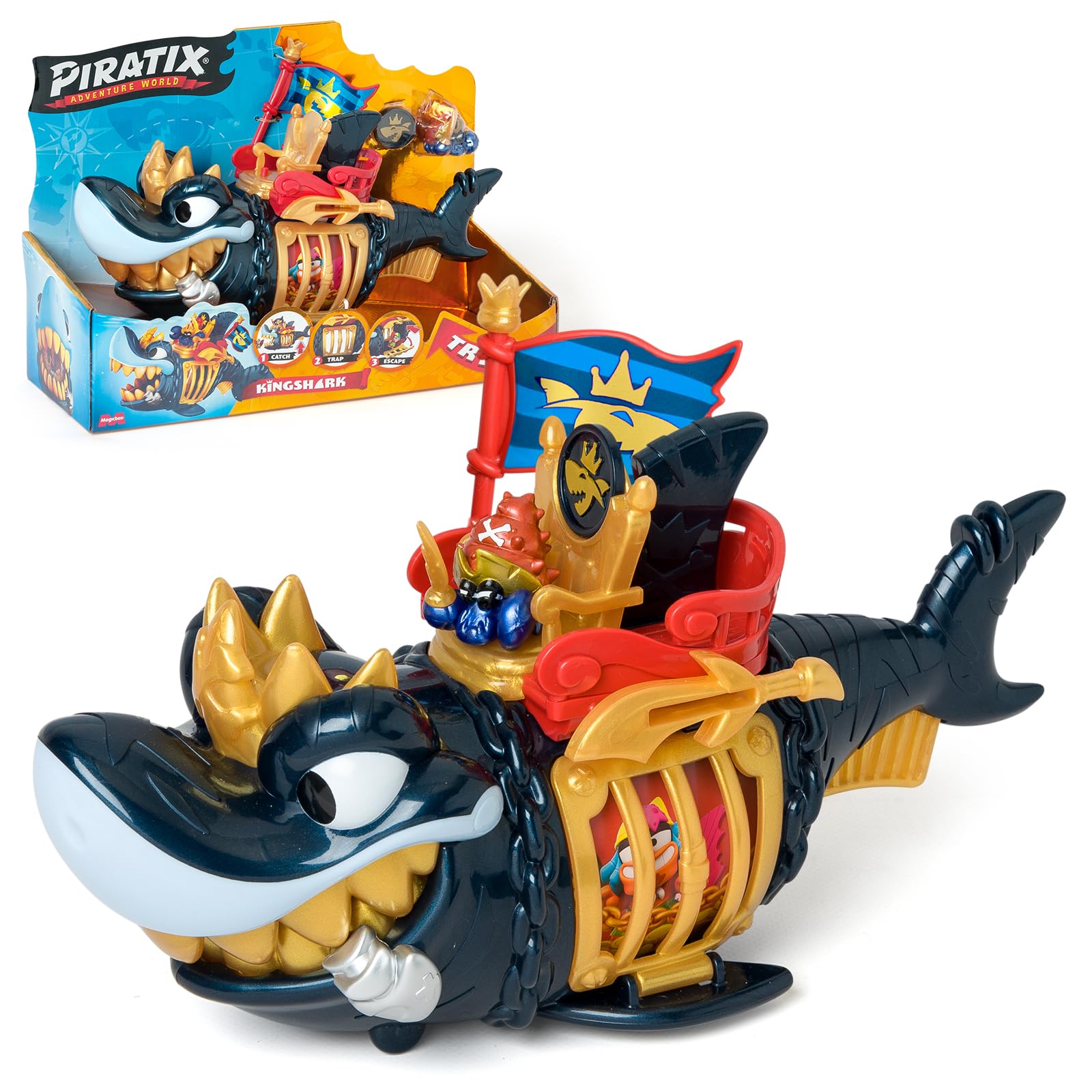 PIRATIX ADVENTURE WORLD King Shark Golden Teeth Playset | Articulated Shark with Cage | Includes Captain Hermitt Figure