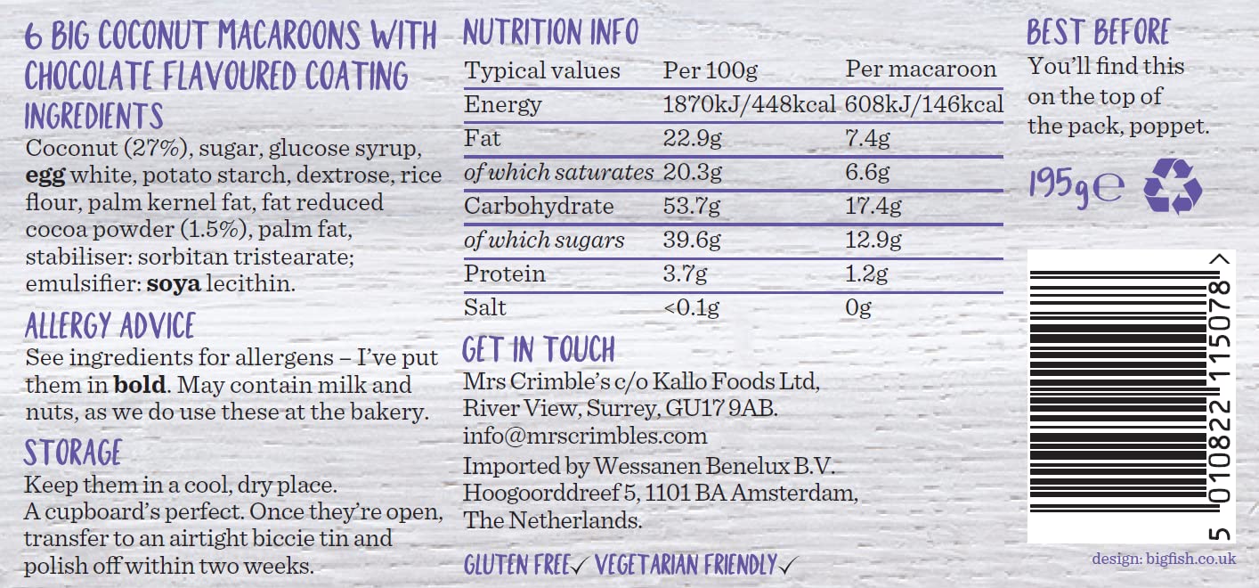 Mrs Crimbles 6 Large Chocolate Macaroons, 195g - Gluten Free, Moist Coconut Cookies with Cocoa
