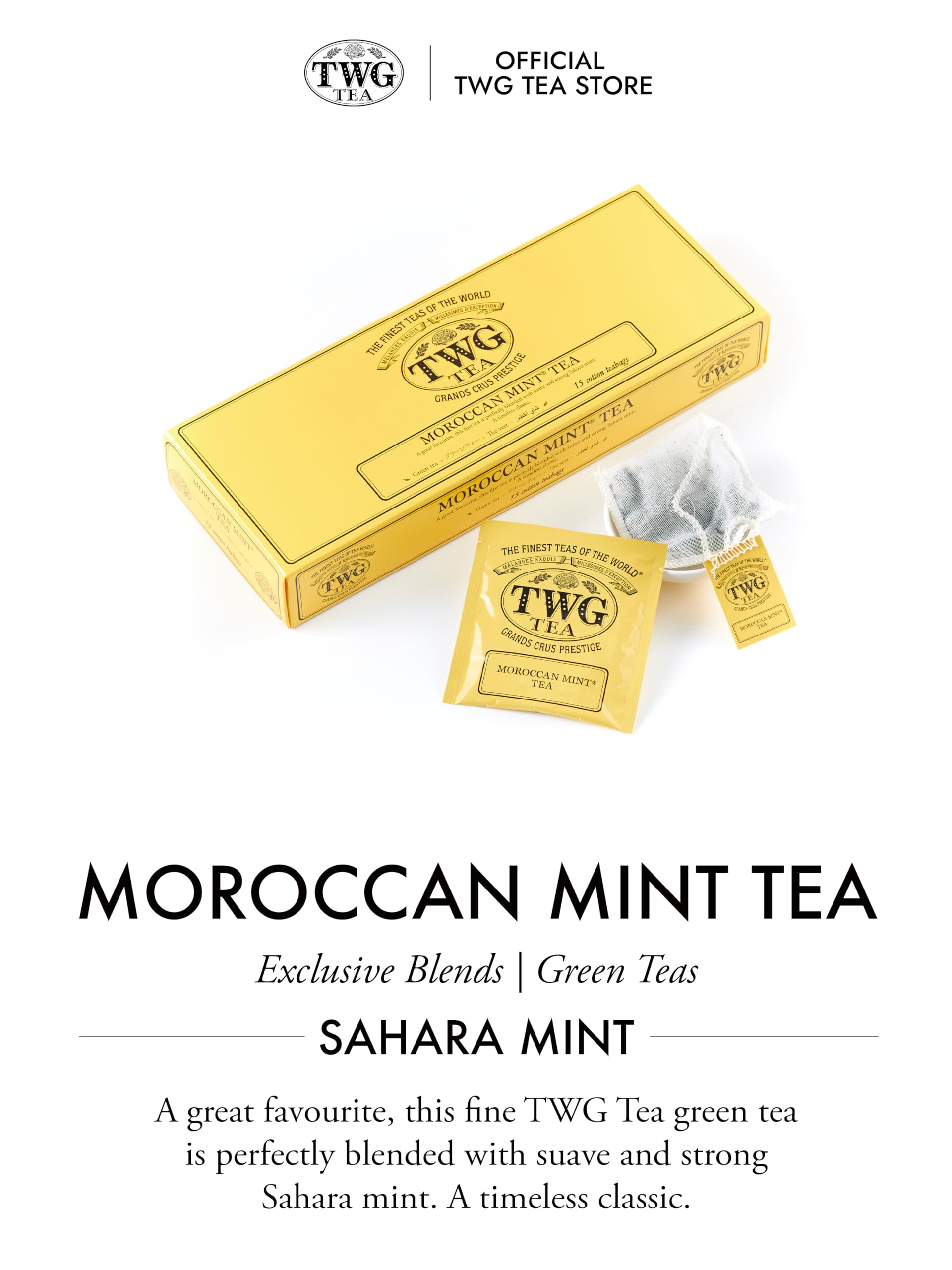 TWG Tea Moroccan Mint Tea - Green Tea with Spearmint Leaves - 15 Hand-Sewn Cotton Teabags - Gift Set