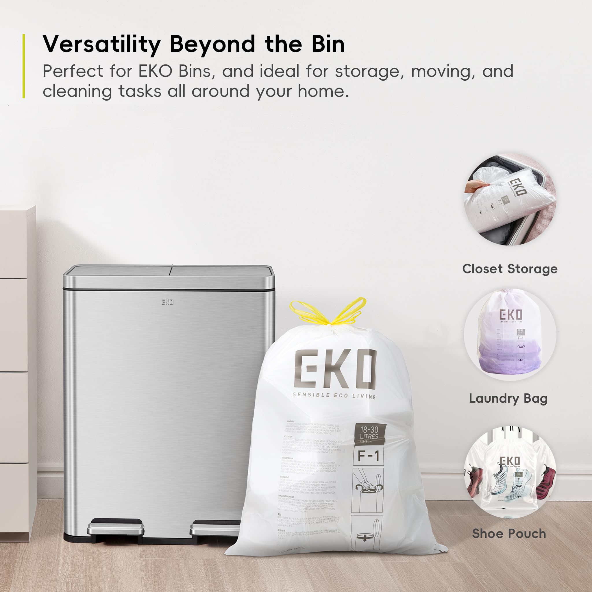 EKO Heavy Duty 18-30L Drawstring Bin Bags, Leakproof & Tear-Resistant Kitchen Bin Liners, 49 x 70 cm, 20 Count, Code F-1 4